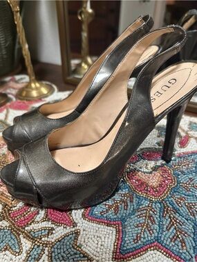 Guess Metallic Pewter Peep-Toe Slingback Heels
